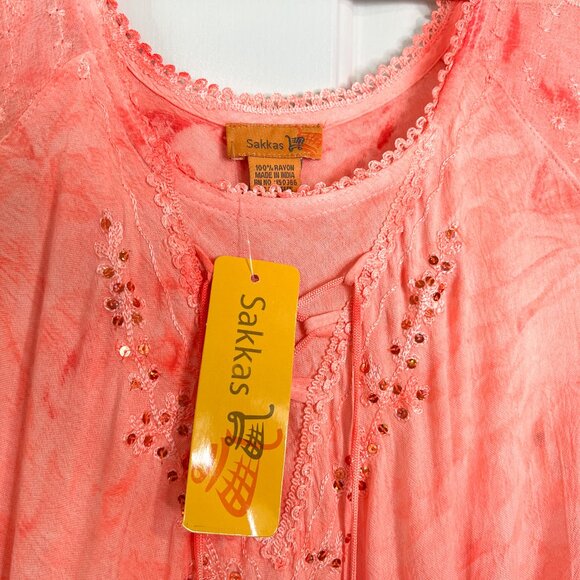 Sakkas Hana Tie Dye Relaxed Fit Embroidery Cap Sleeves Peasant Batik Blouse - Picture 5 of 7